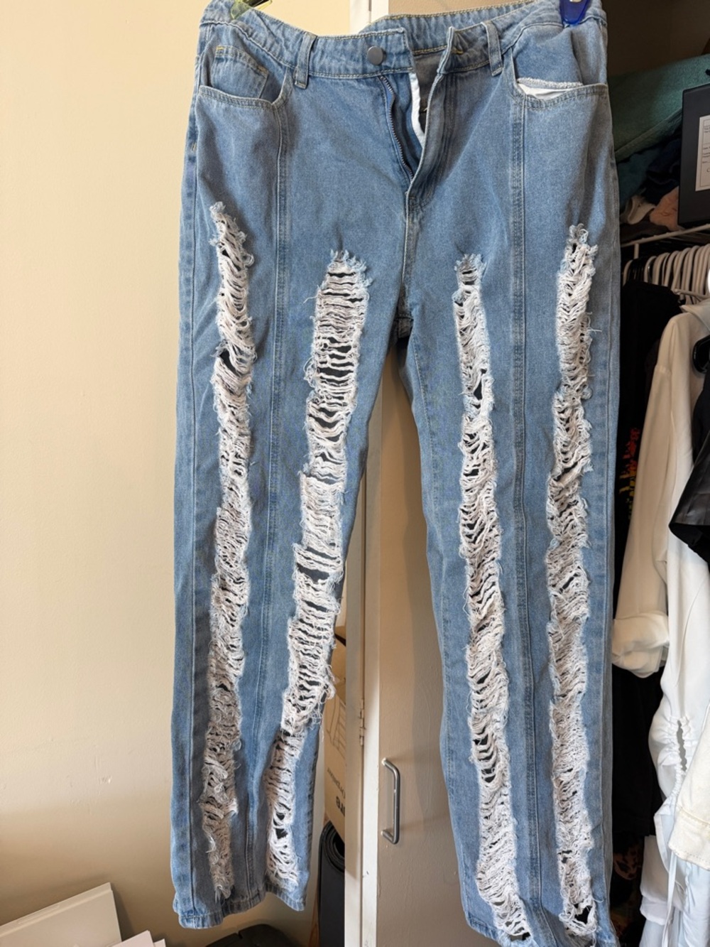 Straight Leg Distressed Light Blue Jeans for Women